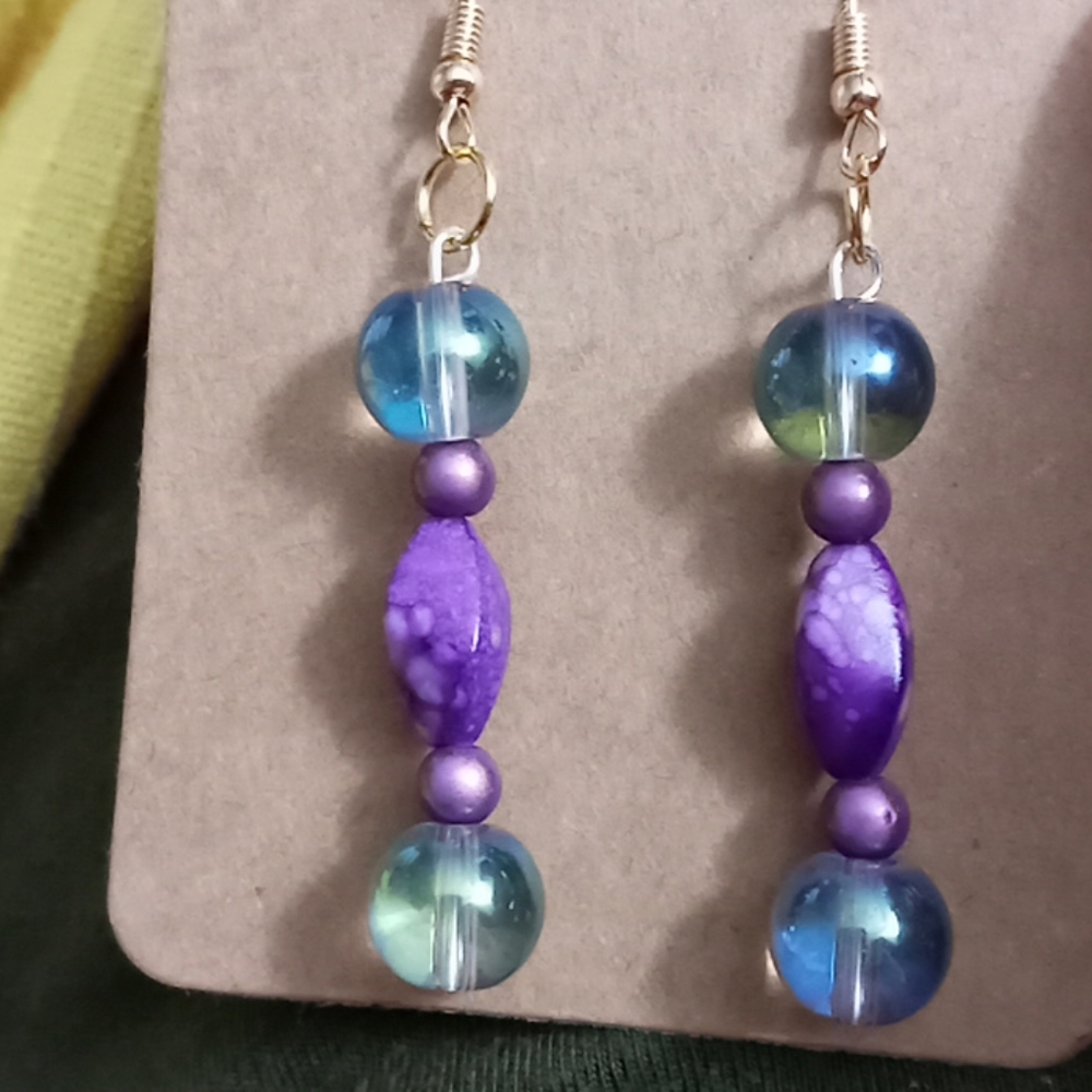 Hand crafted Purple iridescent blown glass drop statement earrings